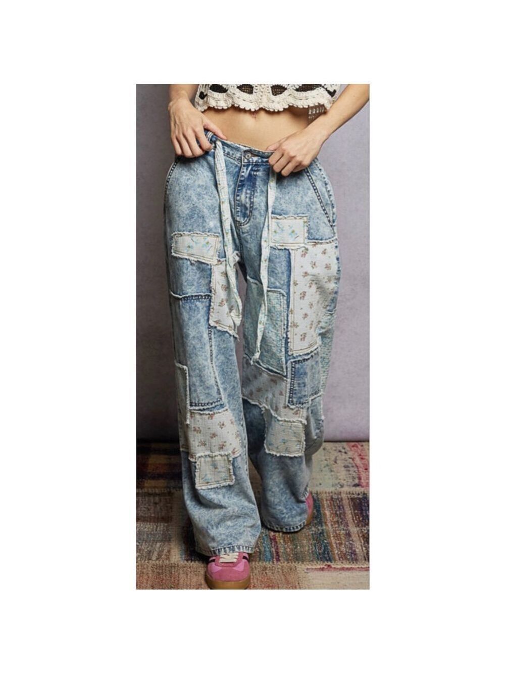 New POL Denim Patchwork Boho Chic Baggy Y2K Free People Vibe Pants Sizes M, L - Picture 8 of 9